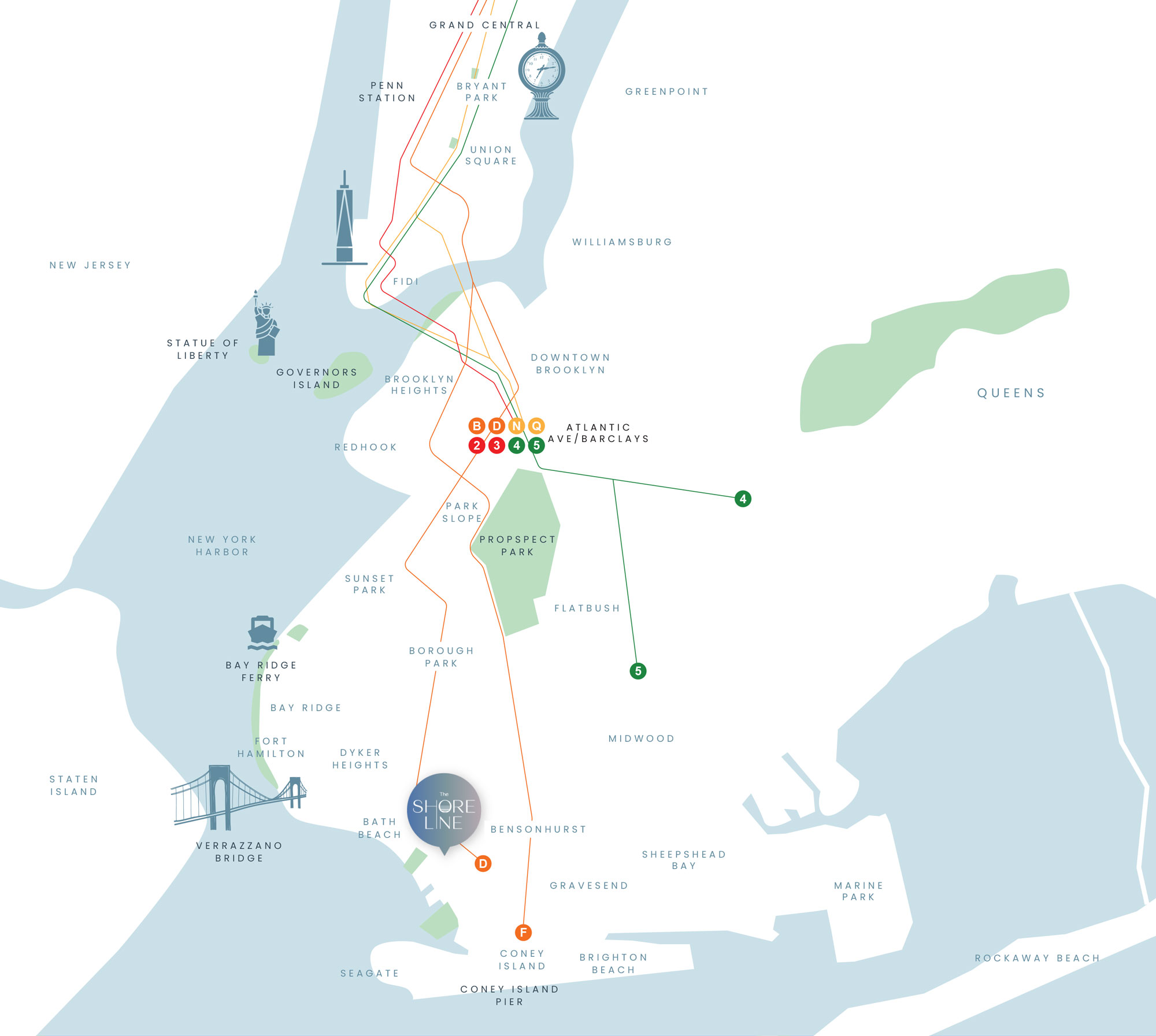 Shoreline Transportation Map showing subway lines and some landmarks